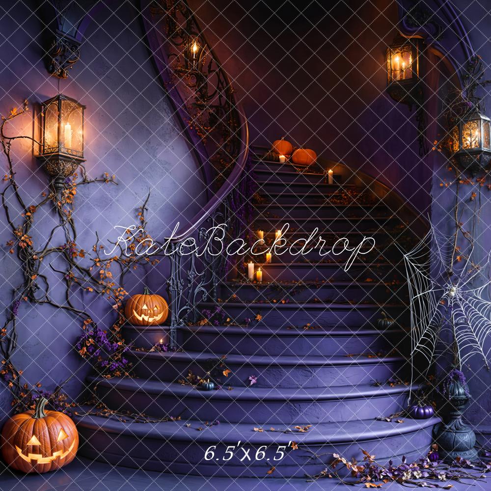 Kate Halloween Staircase Pumpkin Spider Web Backdrop Designed by Emetselch - Kate Backdrop AU