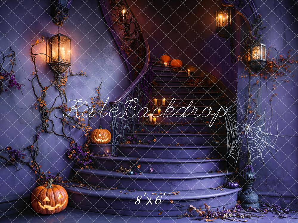 Kate Halloween Staircase Pumpkin Spider Web Backdrop Designed by Emetselch - Kate Backdrop AU