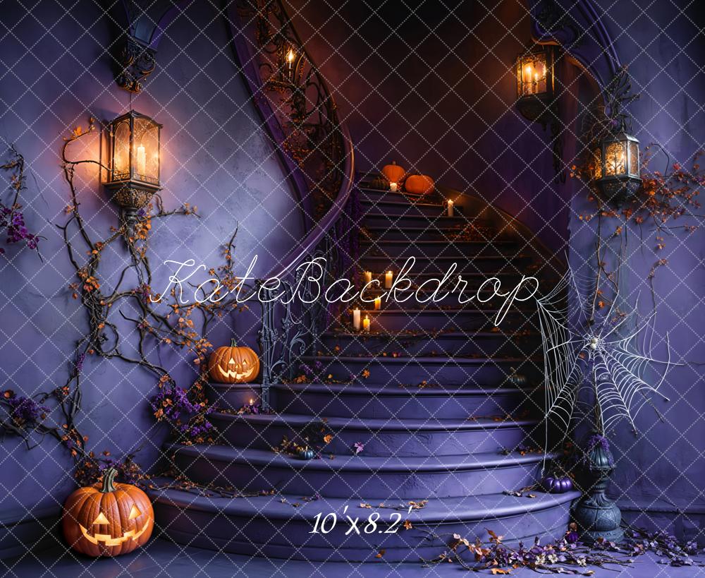 Kate Halloween Staircase Pumpkin Spider Web Backdrop Designed by Emetselch - Kate Backdrop AU