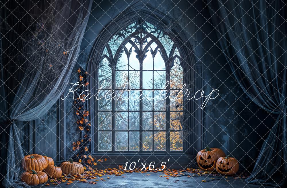Kate Halloween Backdrop Pumpkin Window Spider Web Designed by Emetselch - Kate Backdrop AU