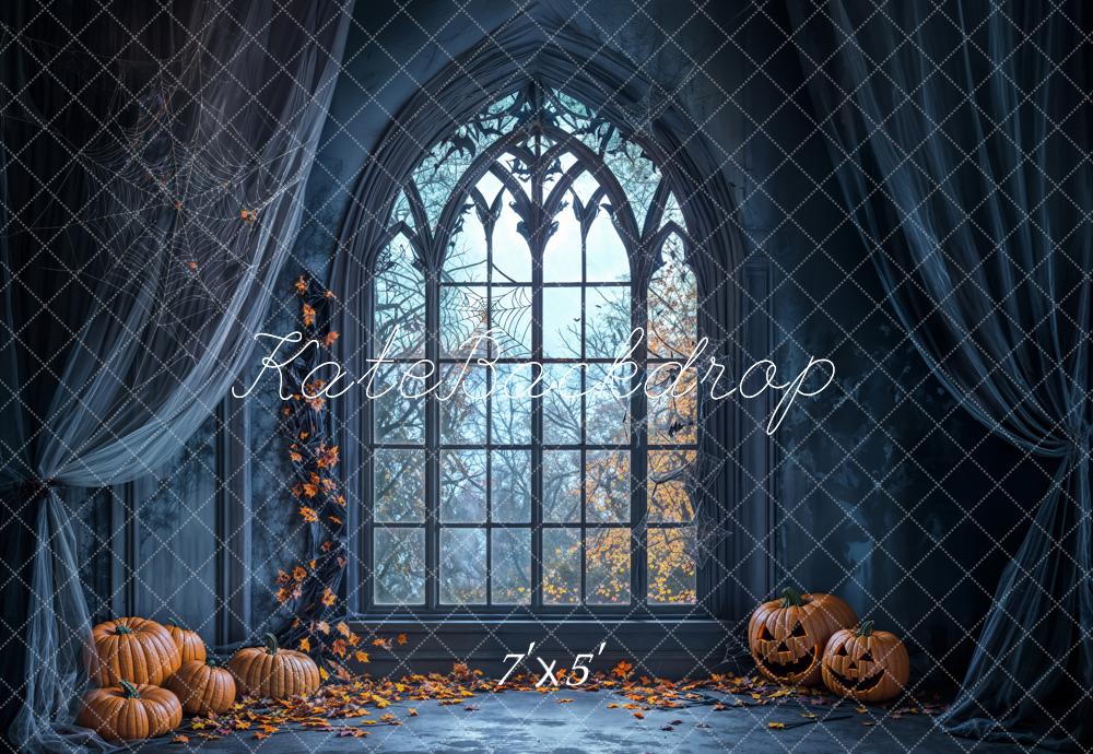 Kate Halloween Backdrop Pumpkin Window Spider Web Designed by Emetselch - Kate Backdrop AU