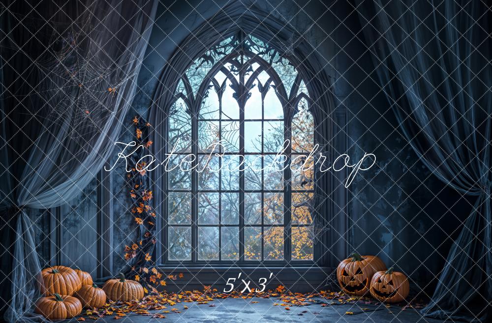 Kate Halloween Backdrop Pumpkin Window Spider Web Designed by Emetselch - Kate Backdrop AU