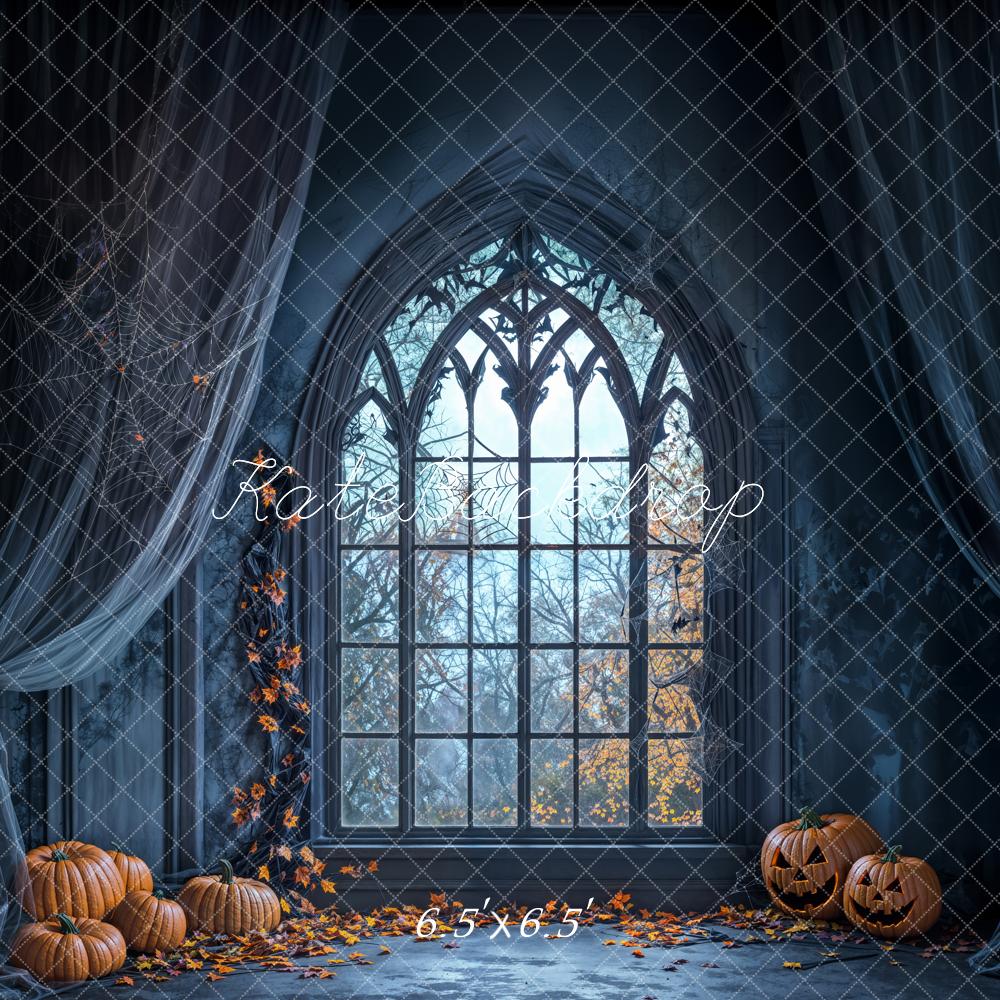 Kate Halloween Backdrop Pumpkin Window Spider Web Designed by Emetselch - Kate Backdrop AU