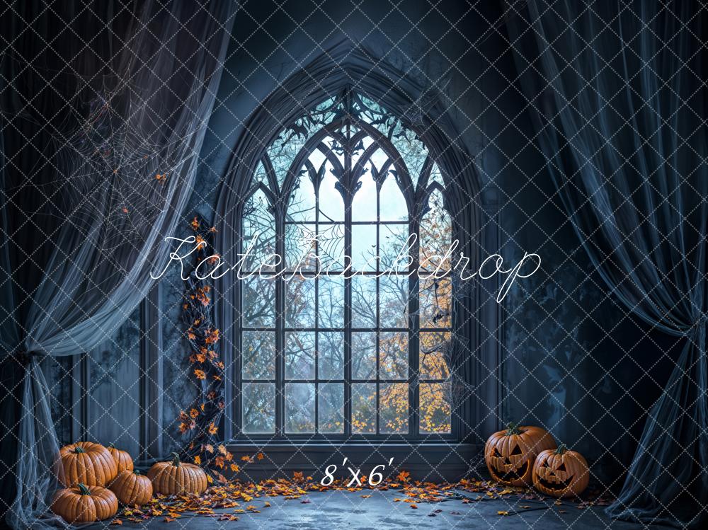 Kate Halloween Backdrop Pumpkin Window Spider Web Designed by Emetselch - Kate Backdrop AU