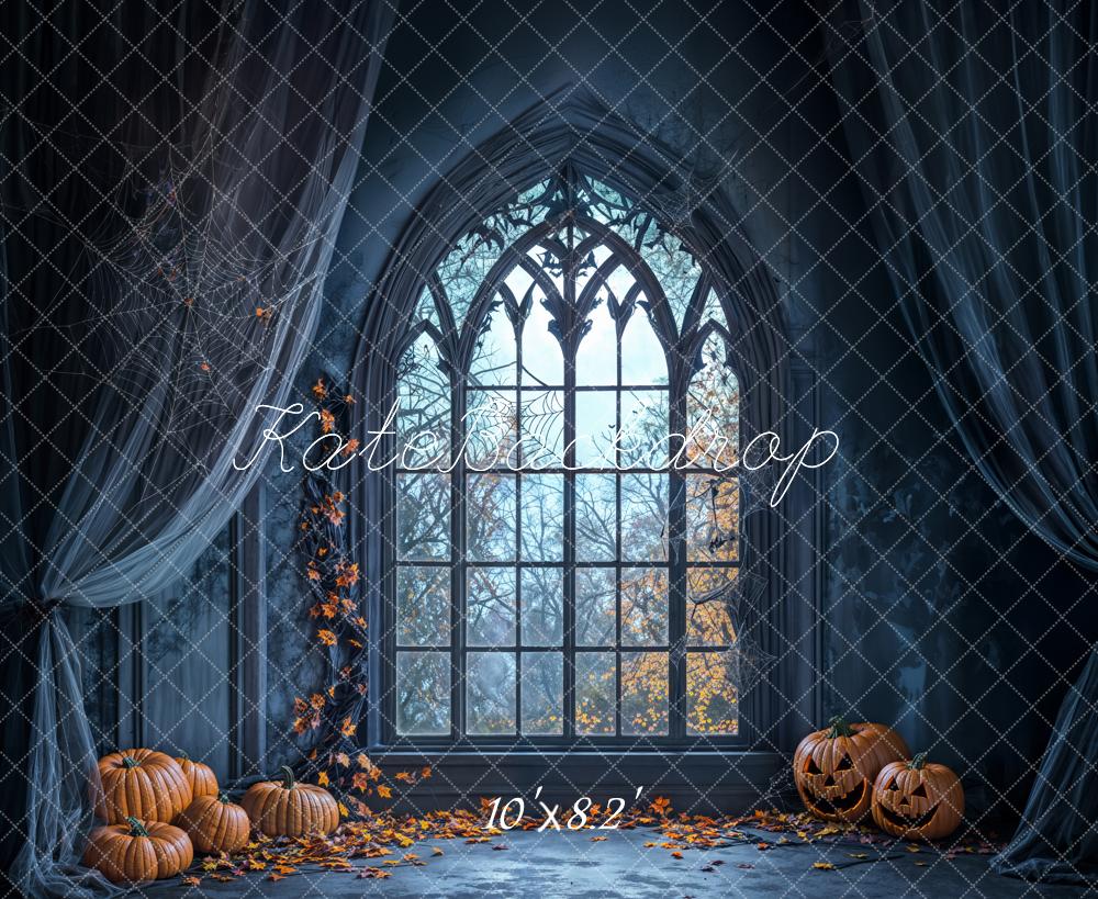 Kate Halloween Backdrop Pumpkin Window Spider Web Designed by Emetselch - Kate Backdrop AU