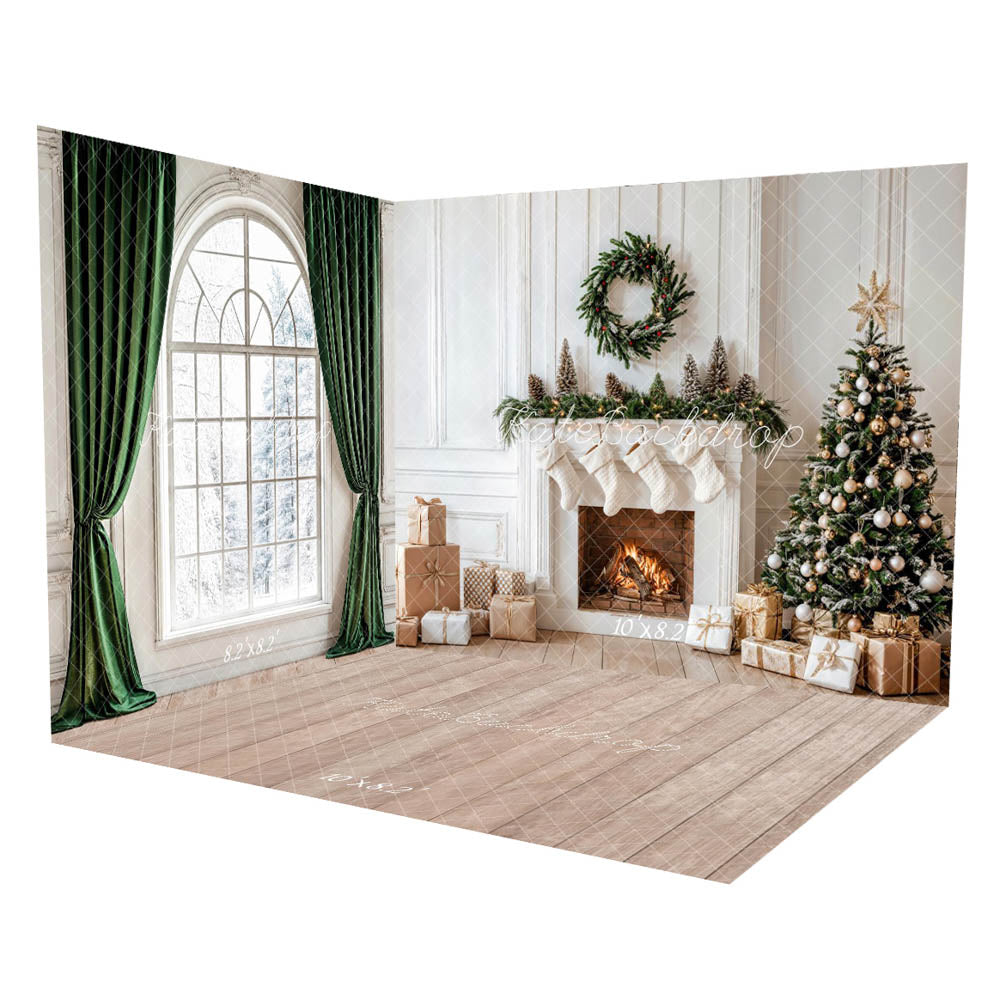 Kate Christmas White Fireplace Green Curtain Arch Window Room Set(8ftx8ft&10ftx8ft&8ftx10ft) - Kate Backdrop AU