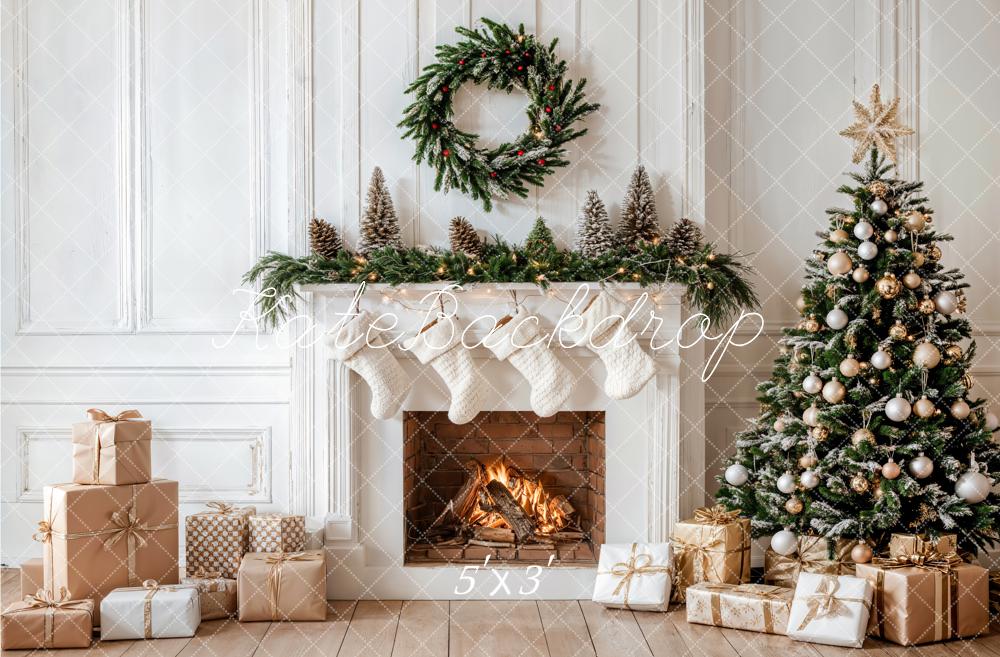Kate Christmas White Fireplace Gifts Wreath Backdrop Designed by Emetselch - Kate Backdrop AU