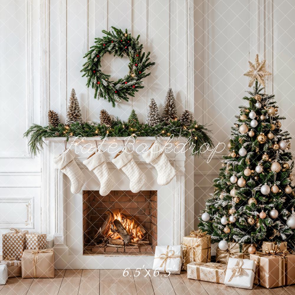 Kate Christmas White Fireplace Gifts Wreath Backdrop Designed by Emetselch - Kate Backdrop AU