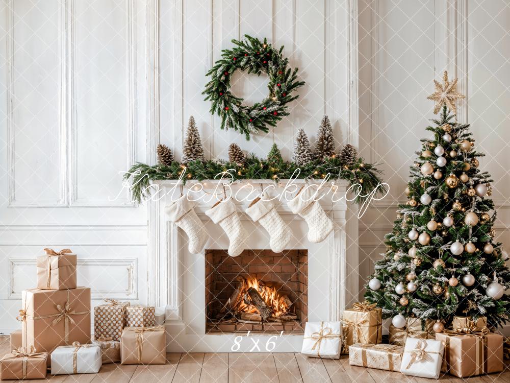 Kate Christmas White Fireplace Gifts Wreath Backdrop Designed by Emetselch - Kate Backdrop AU