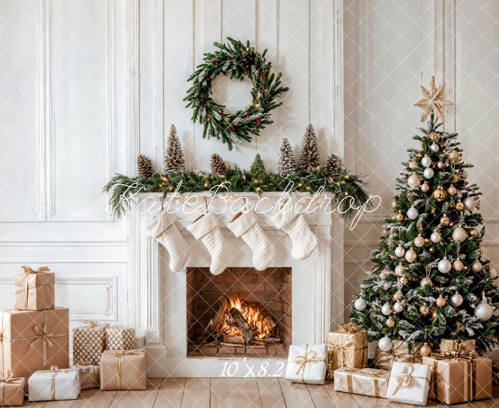 Kate Christmas White Fireplace Gifts Wreath Backdrop Designed by Emetselch - Kate Backdrop AU