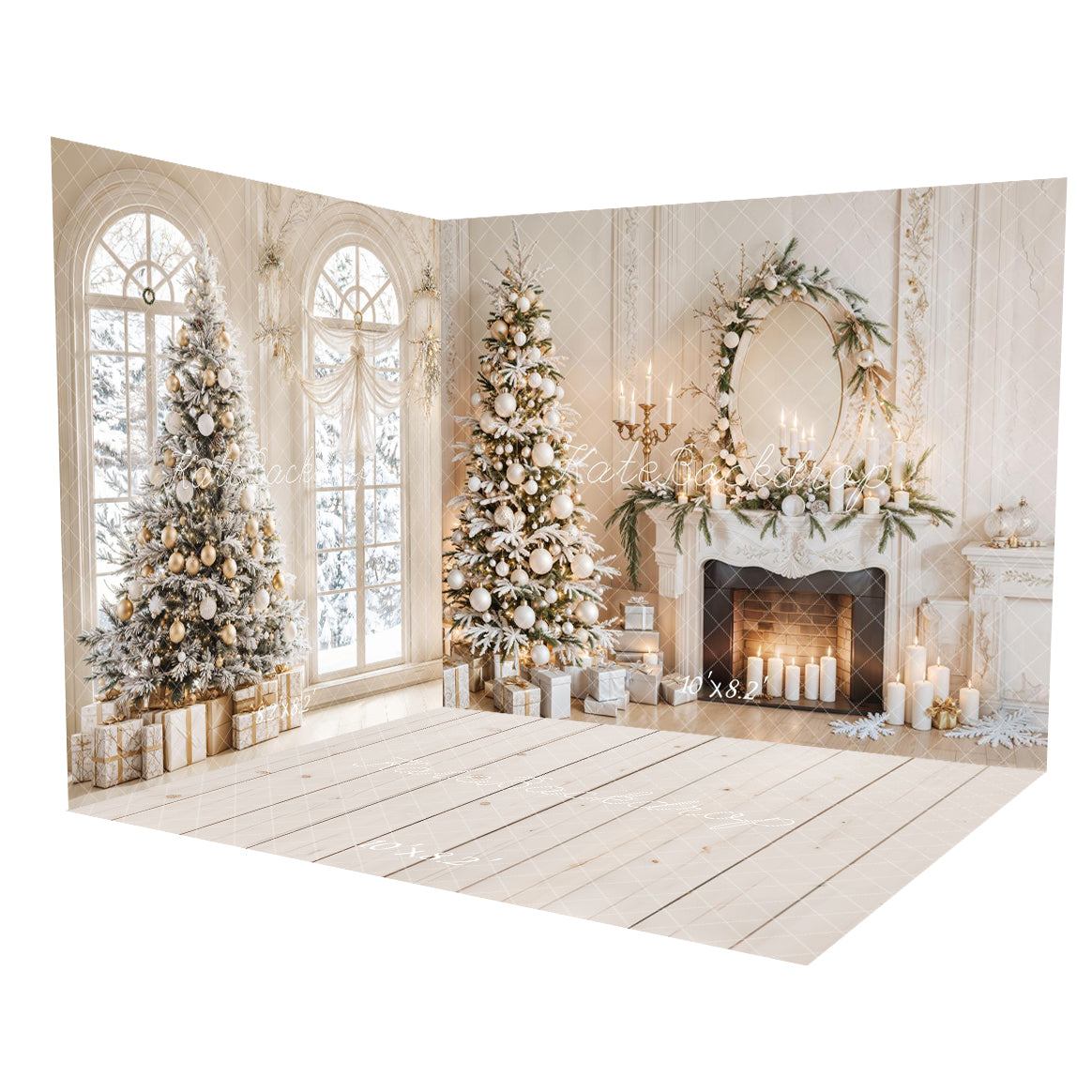 Kate White Christmas Tree Fireplace Winter Room Set(8ftx8ft&10ftx8ft&8ftx10ft) - Kate Backdrop AU
