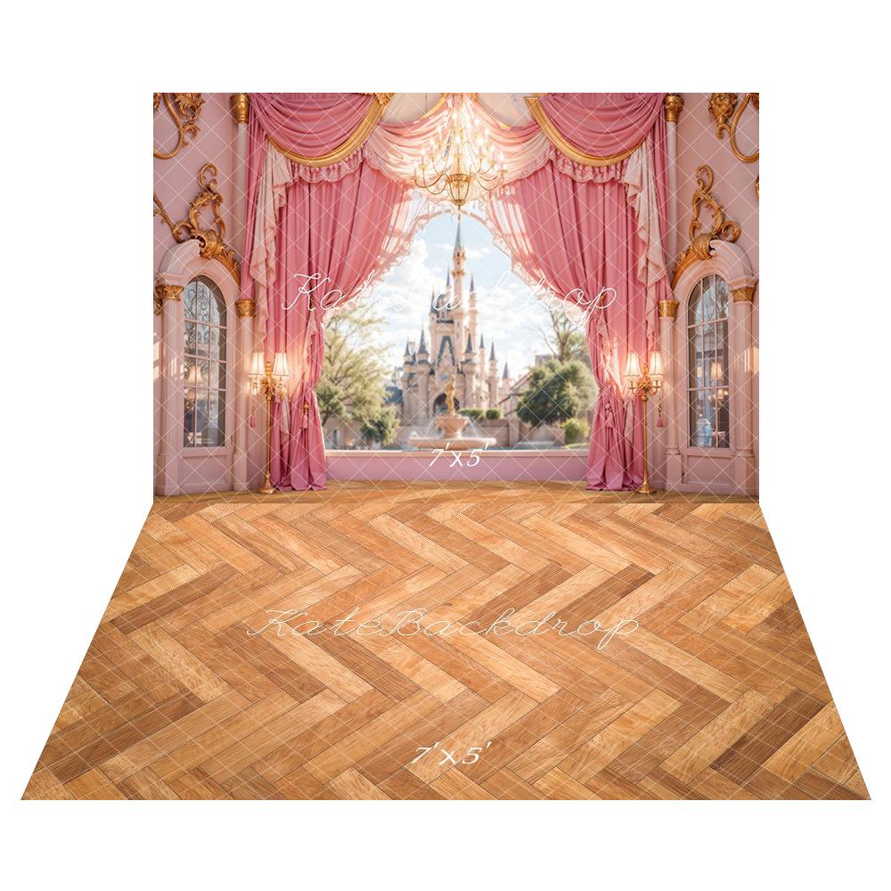 Kate Castle Pink Curtains Backdrop+Herringbone Pattern Wooden Floor Backdrop - Kate Backdrop AU