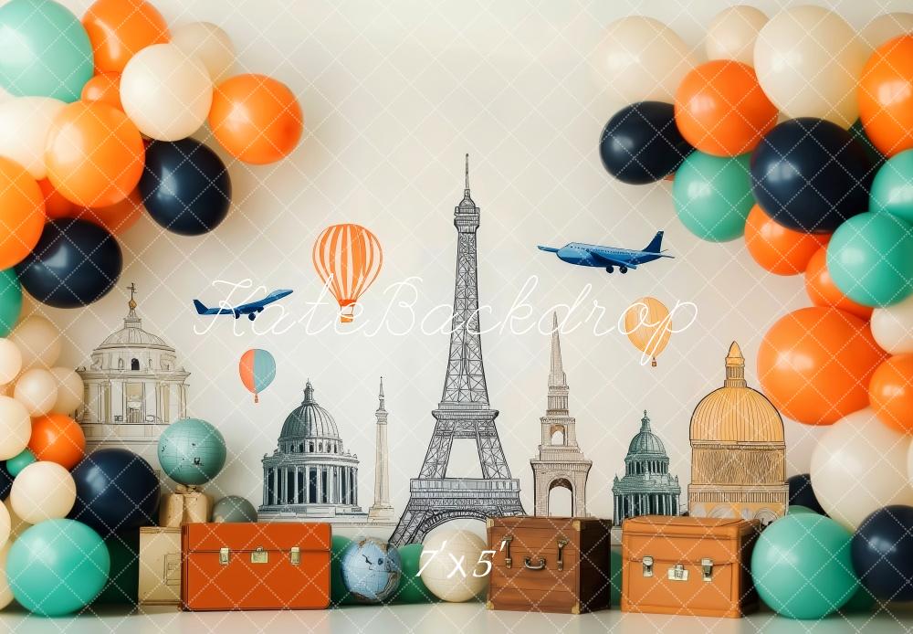 Kate Around the World Backdrop Balloon Tower Cake Smash Designed by Patty Robert - Kate Backdrop AU