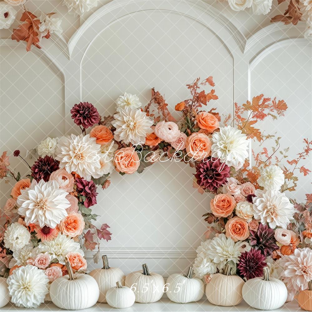 Kate Elegant Fall Floral White Pumpkins Backdrop Designed by Patty Robert - Kate Backdrop AU