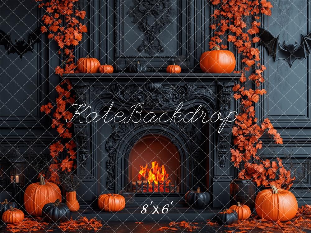 Kate Halloween Backdrop Pumpkins Black Fireplace Designed by Patty Robert - Kate Backdrop AU