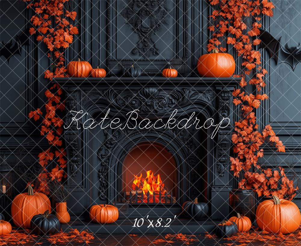 Kate Halloween Backdrop Pumpkins Black Fireplace Designed by Patty Robert - Kate Backdrop AU