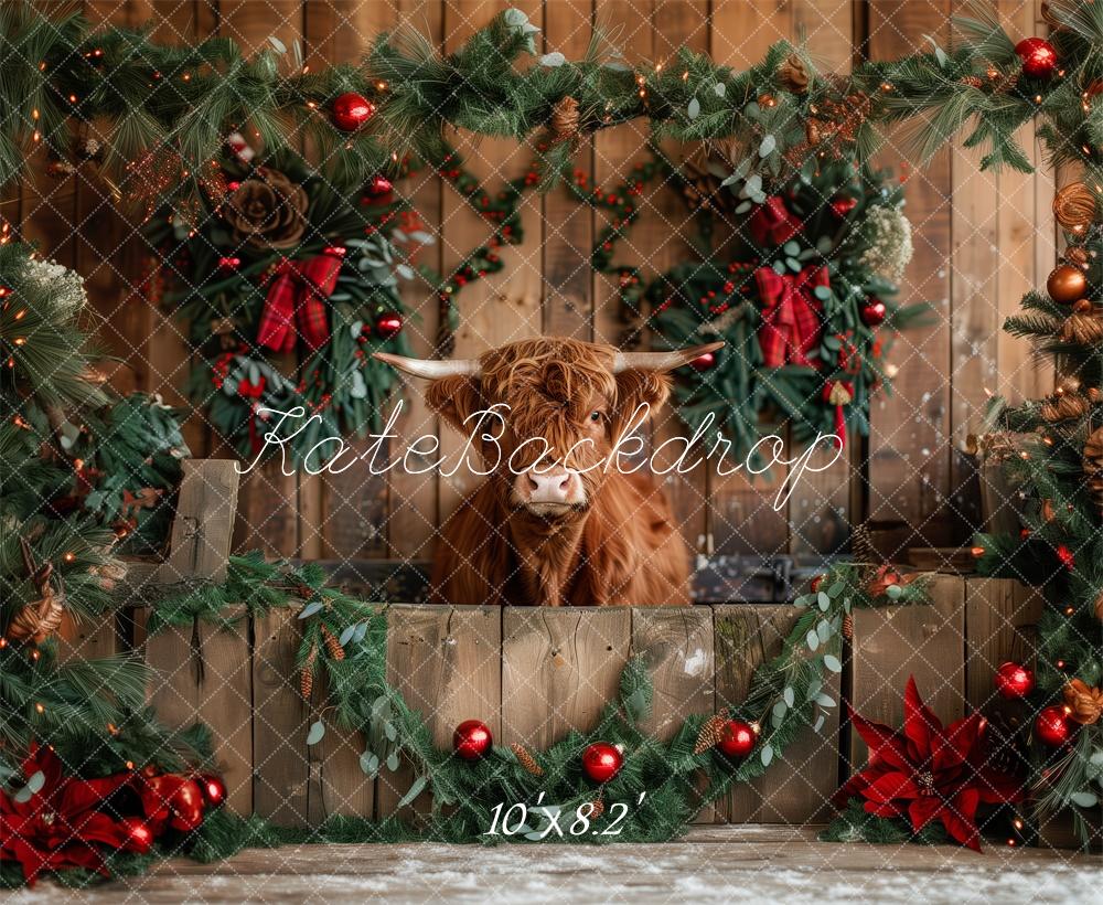 Kate Rustic Christmas Highland Cow Backdrop Designed by Patty Roberts - Kate Backdrop AU