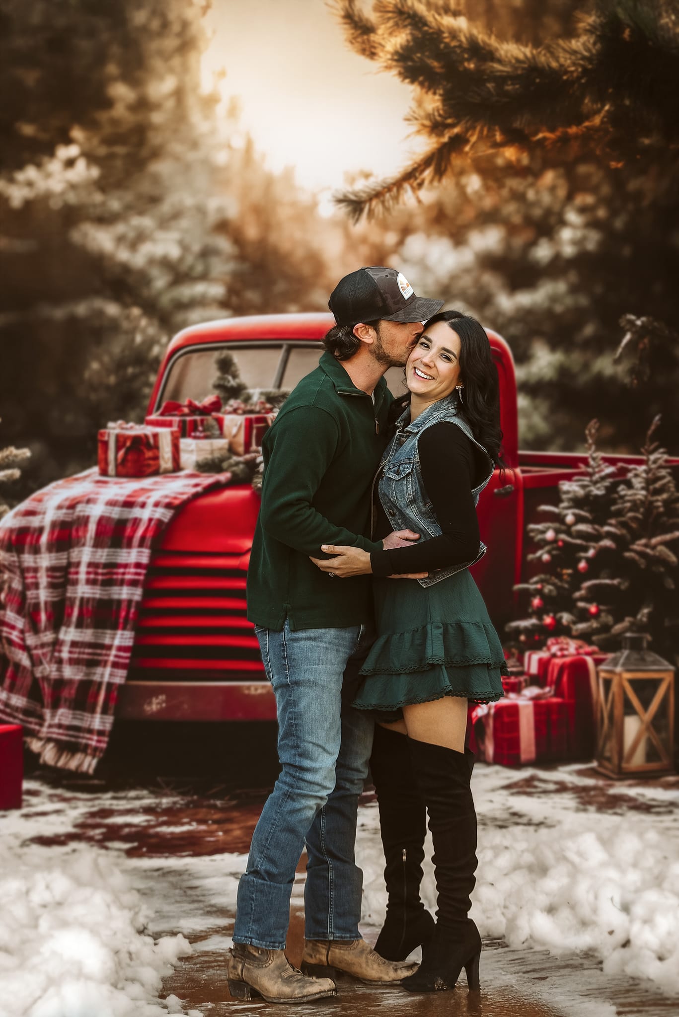 Kate Christmas Red Truck Plaid Forest Backdrop