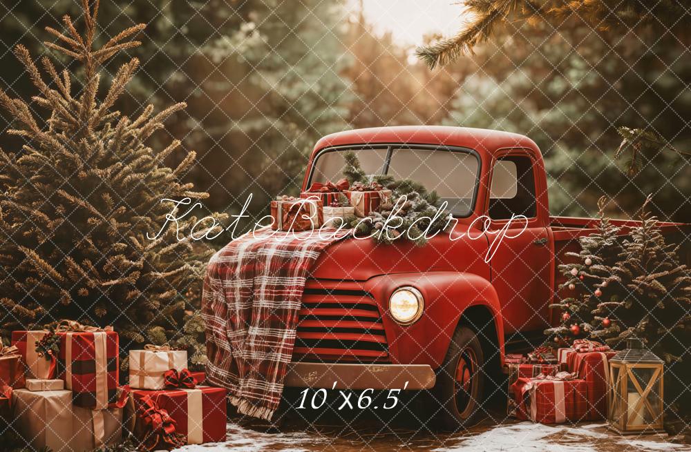 Kate Christmas Red Truck Plaid Forest Backdrop