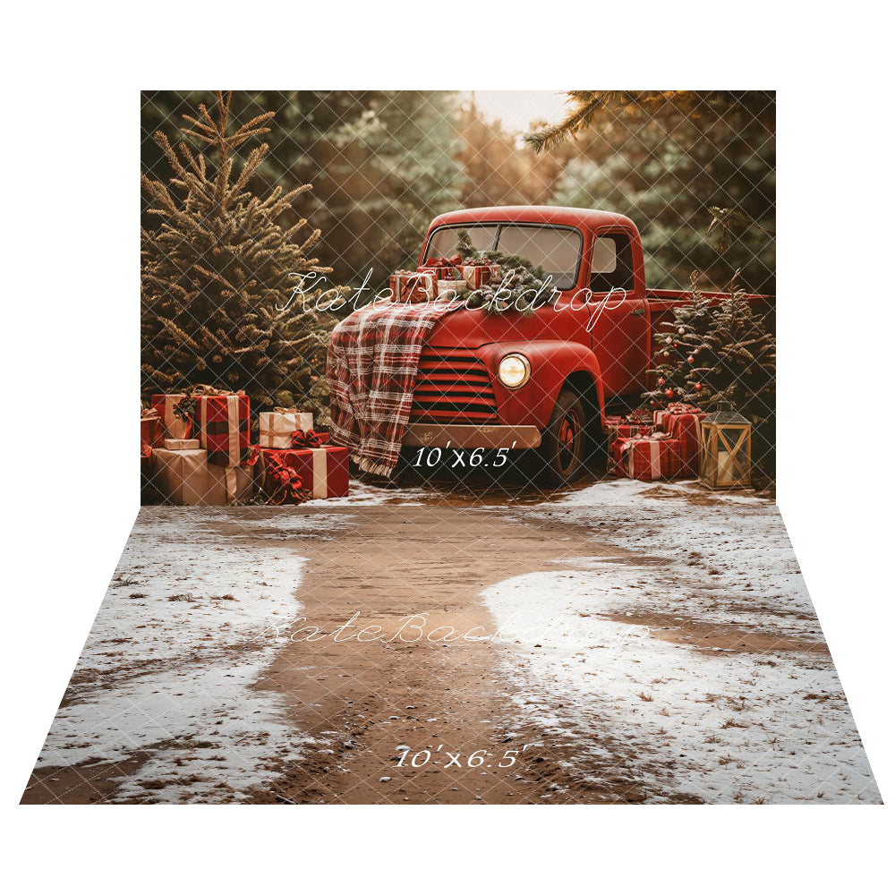 Kate Forest Red Truck Gift Backdrop+Winter Snow Floor Backdrop for Photography - Kate Backdrop AU
