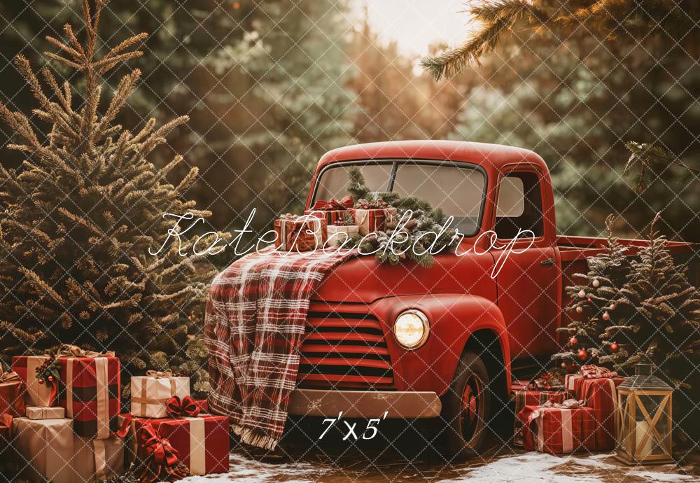 Kate Christmas Red Truck Plaid Forest Backdrop Designed by Emetselch - Kate Backdrop AU