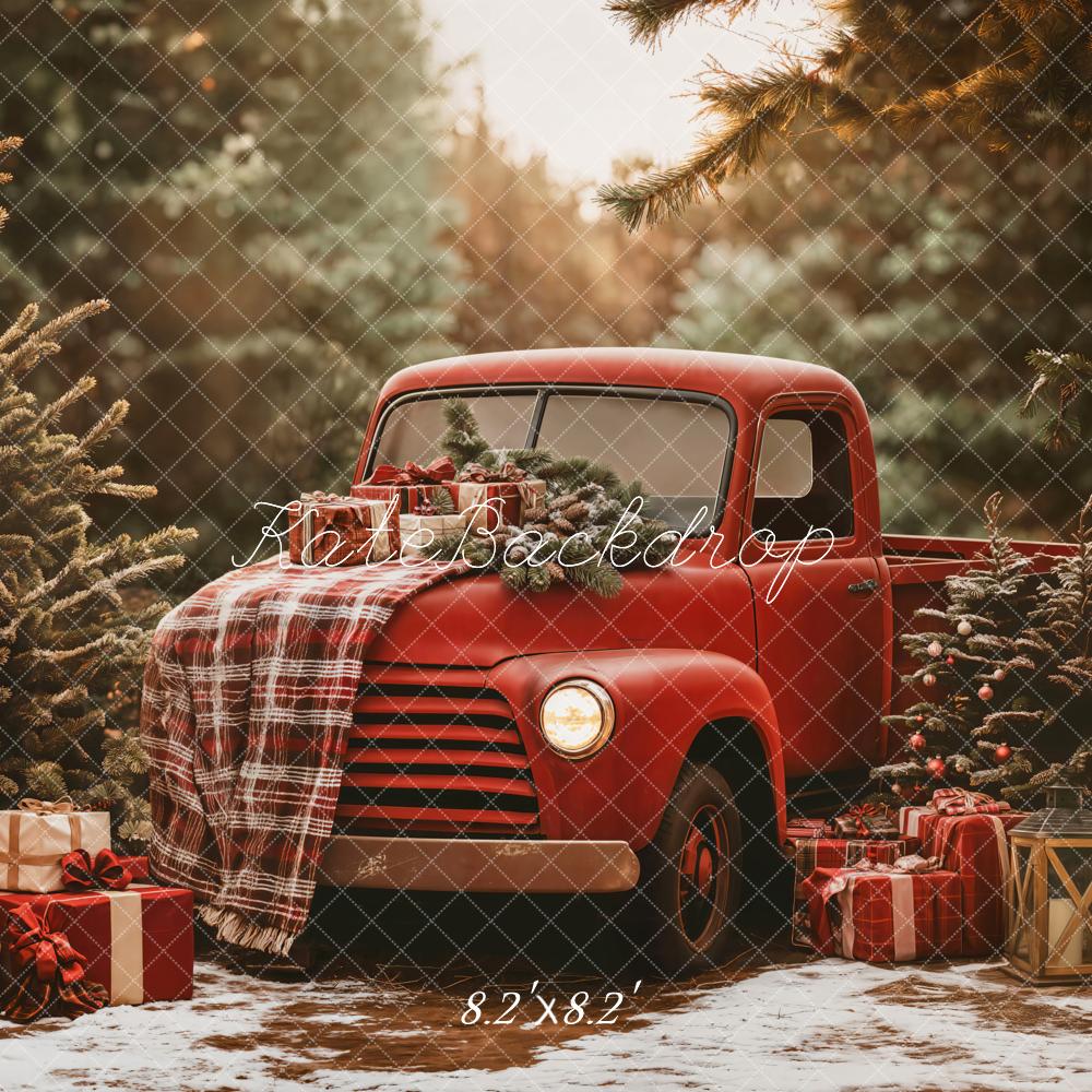 Kate Christmas Red Truck Plaid Forest Backdrop Designed by Emetselch - Kate Backdrop AU