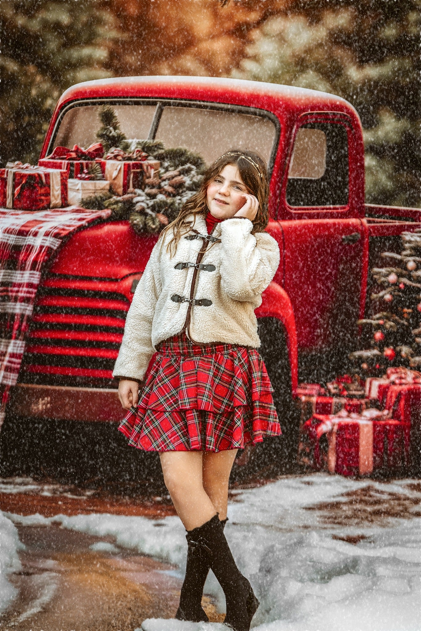Kate Christmas Red Truck Plaid Forest Backdrop
