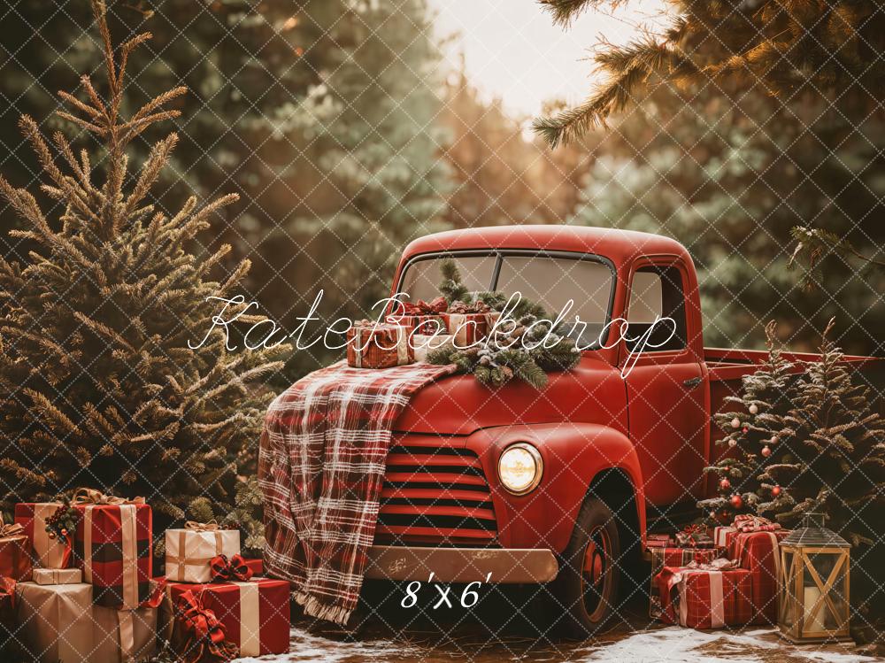 Kate Christmas Red Truck Plaid Forest Backdrop Designed by Emetselch - Kate Backdrop AU