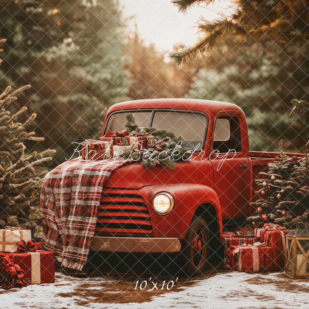 Kate Christmas Red Truck Plaid Forest Backdrop Designed by Emetselch - Kate Backdrop AU