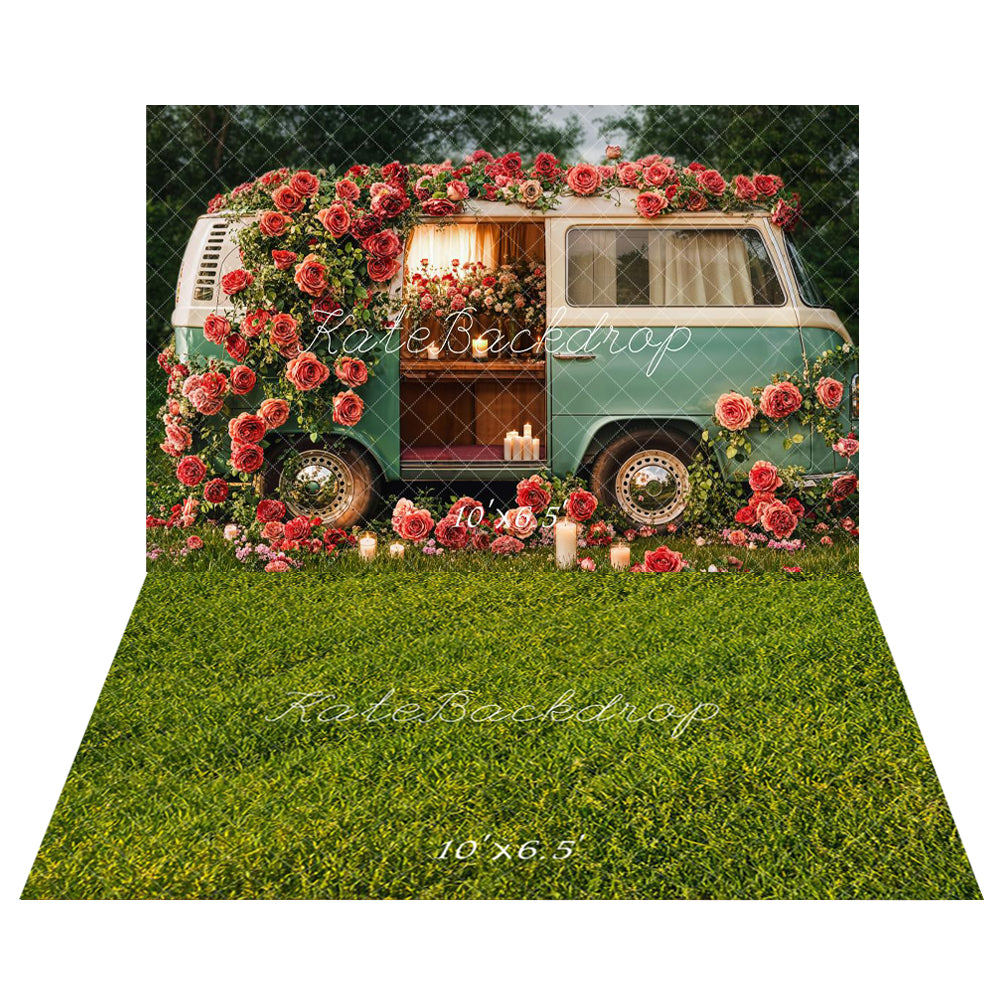 Kate Spring Valentine's Day Floral Campervan Backdrop+Green Grass Field Floor Backdrop - Kate Backdrop AU