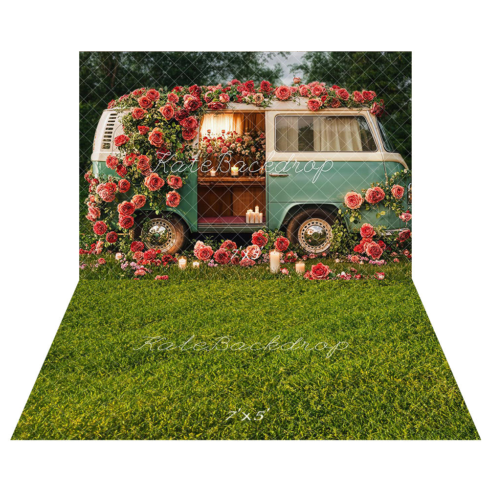 Kate Spring Valentine's Day Floral Campervan Backdrop+Green Grass Field Floor Backdrop - Kate Backdrop AU
