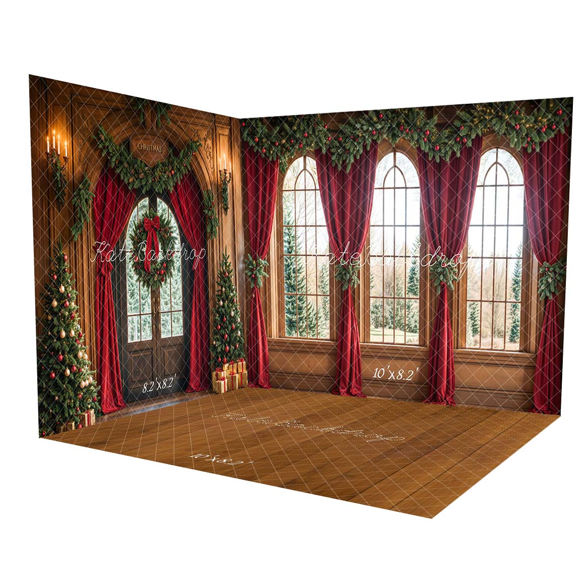Kate Arched Windows Red Curtains Christmas Interior Room Set(8ftx8ft&10ftx8ft&8ftx10ft) - Kate Backdrop AU