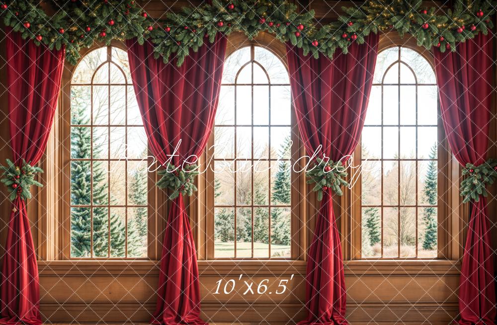 Kate Christmas Arched Window Red Curtains Backdrop Designed by Emetselch - Kate Backdrop AU