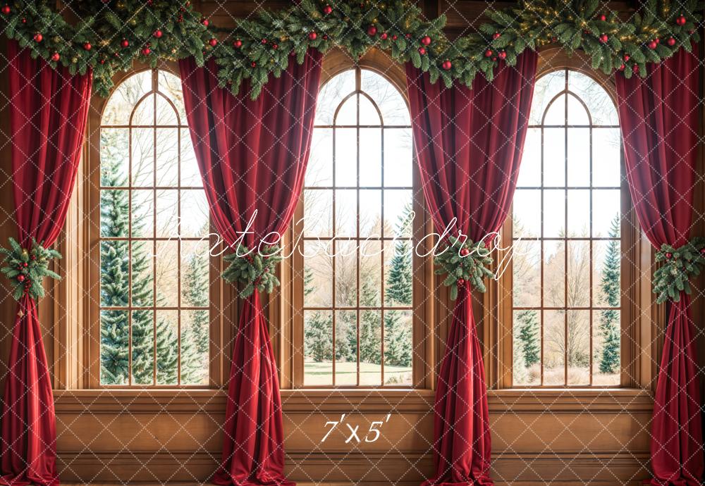 Kate Christmas Arched Window Red Curtains Backdrop Designed by Emetselch - Kate Backdrop AU
