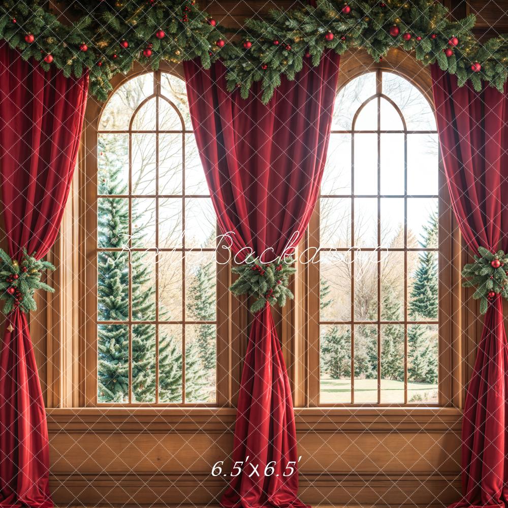 Kate Christmas Arched Window Red Curtains Backdrop Designed by Emetselch - Kate Backdrop AU