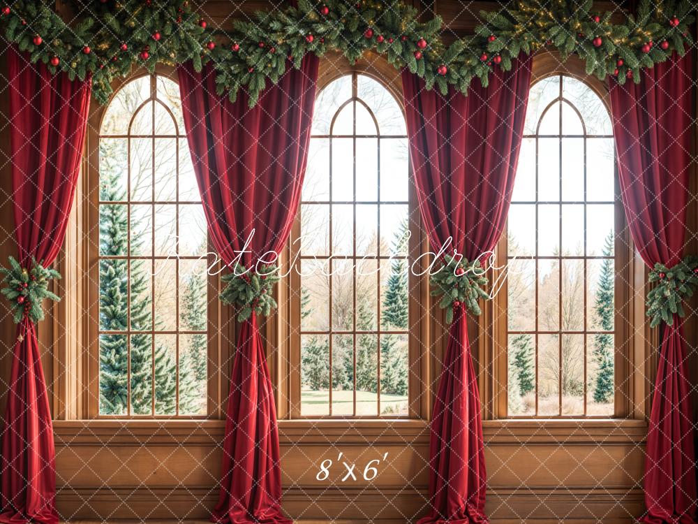 Kate Christmas Arched Window Red Curtains Backdrop Designed by Emetselch - Kate Backdrop AU