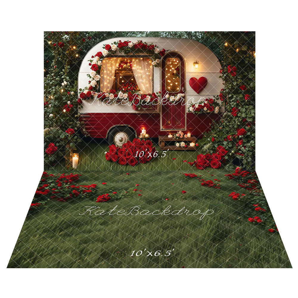 Kate Spring Valentine's Day Camper Backdrop+Flower Green Meadow Floor Backdrop - Kate Backdrop AU