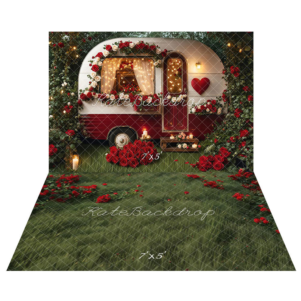 Kate Spring Valentine's Day Camper Backdrop+Flower Green Meadow Floor Backdrop - Kate Backdrop AU