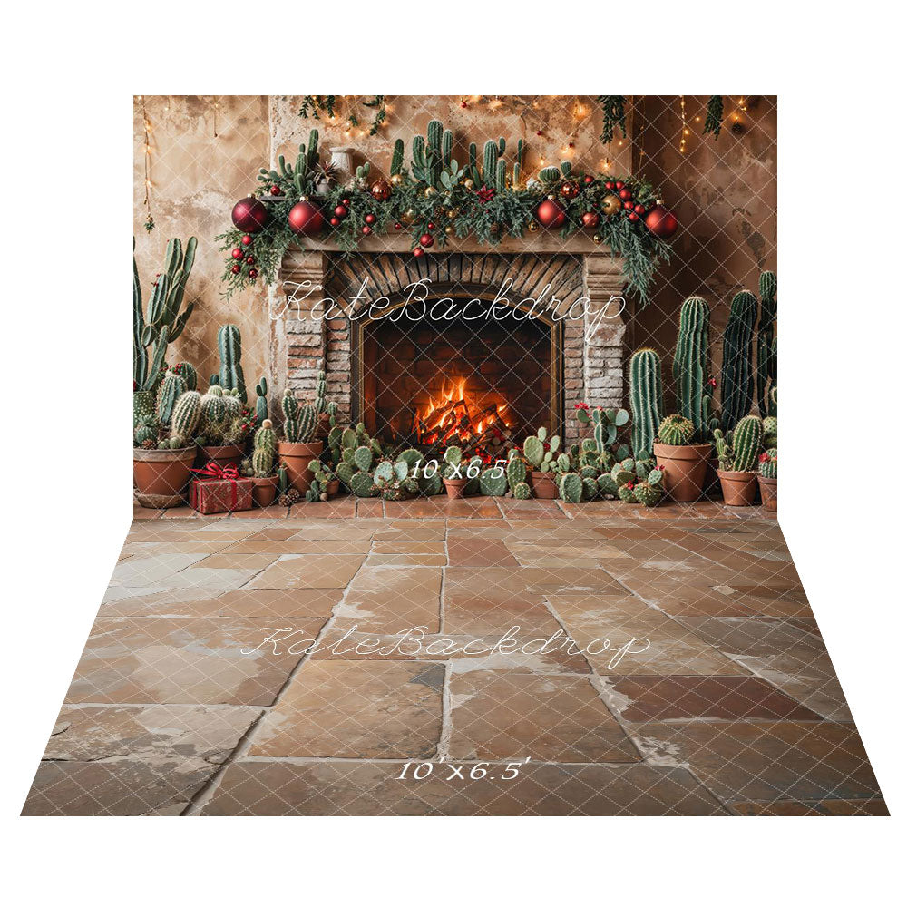 Kate Christmas Cactus Fireplace Backdrop+Vintage Rustic Cobblestone Floor Backdrop - Kate Backdrop AU