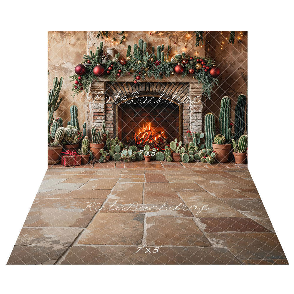 Kate Christmas Cactus Fireplace Backdrop+Vintage Rustic Cobblestone Floor Backdrop - Kate Backdrop AU