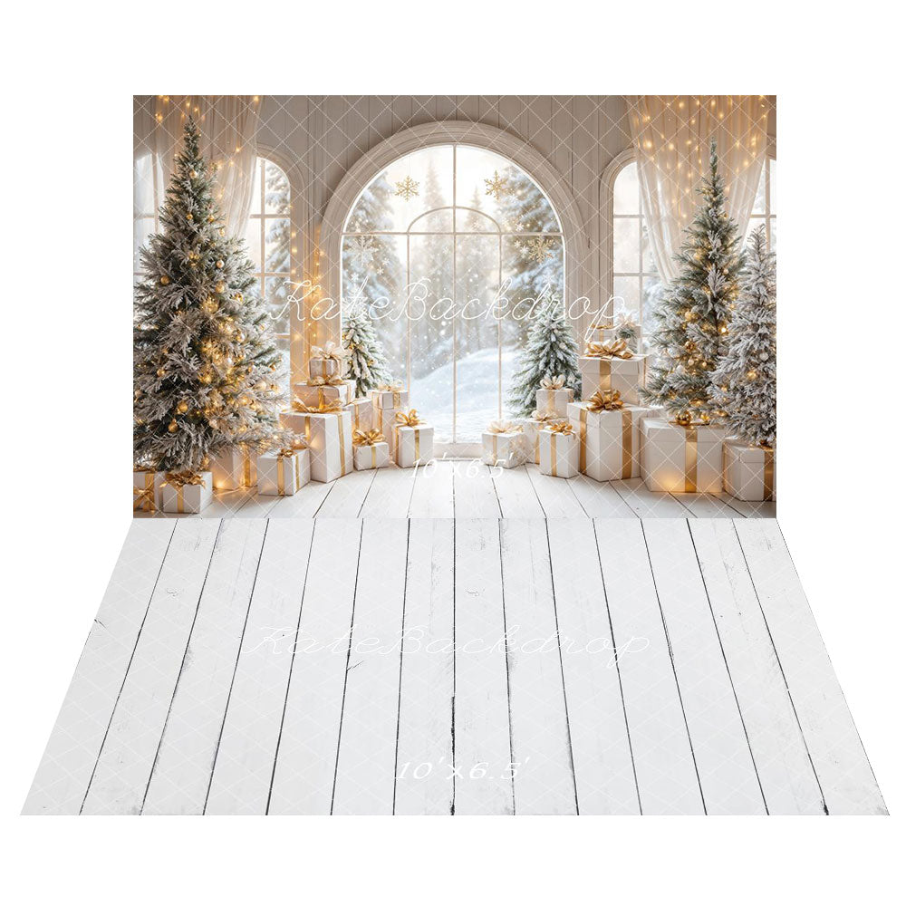 Kate White Arch Christmas Tree Gifts Backdrop+Cream Wood Floor Backdrop - Kate Backdrop AU