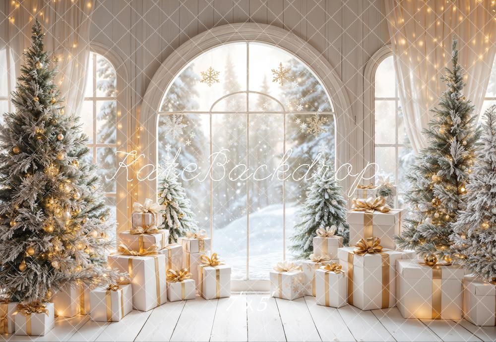 Decorative Christmas scene with trees, presents, and a large window.