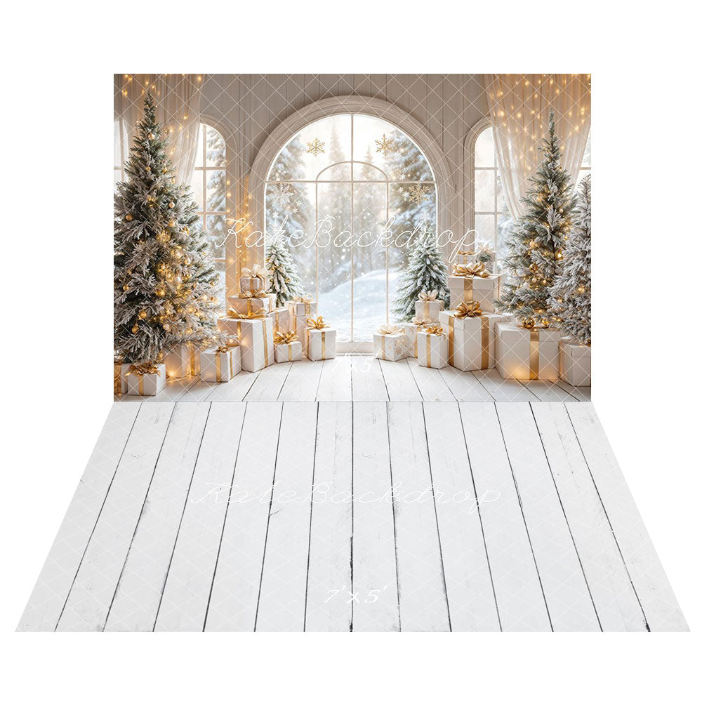 Kate White Arch Christmas Tree Gifts Backdrop+Cream Wood Floor Backdrop - Kate Backdrop AU