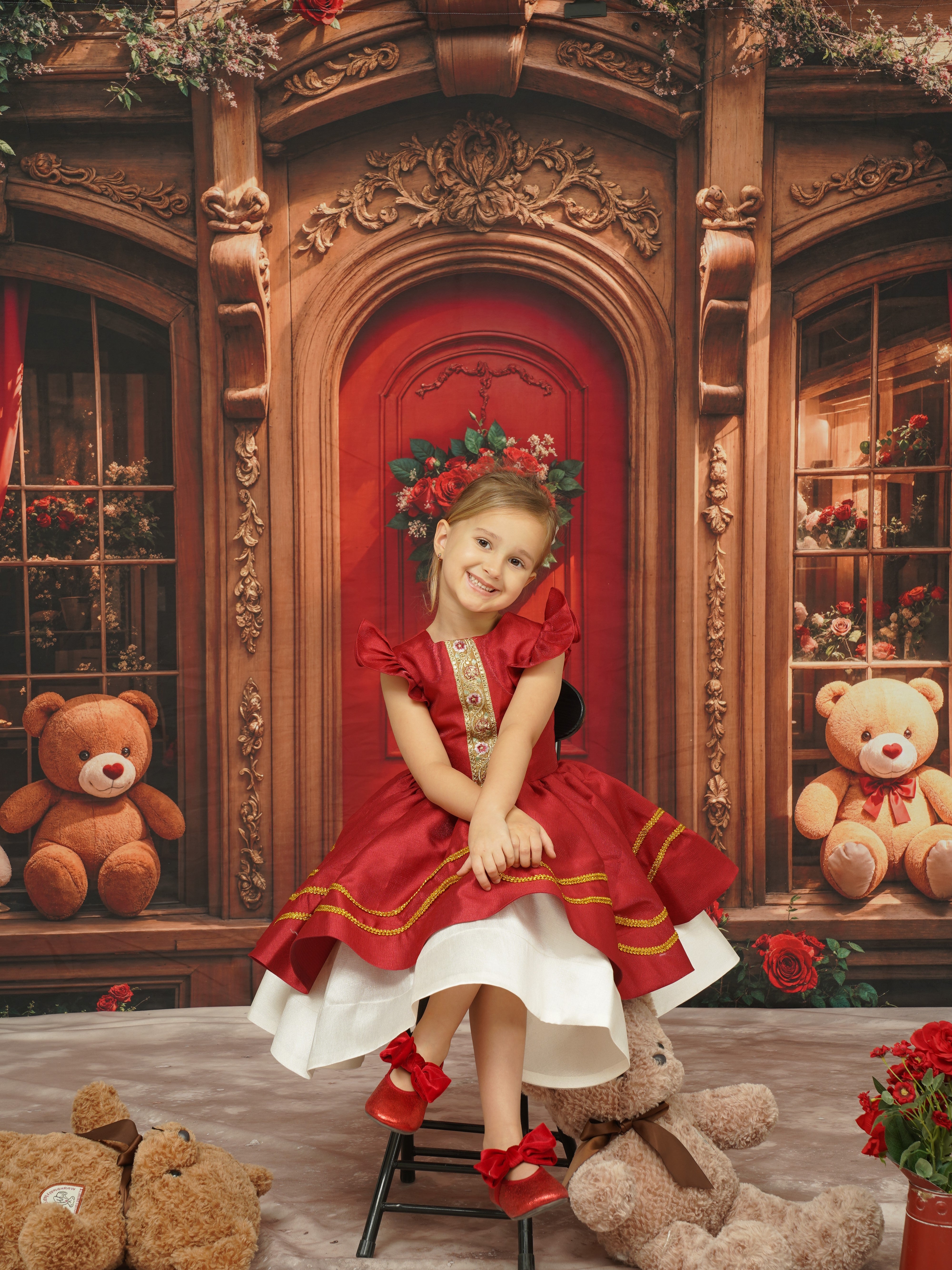 Kate Retro Arch Wooden Teddy Bear Roses Door Backdrop Designed by Emetselch - Kate Backdrop AU