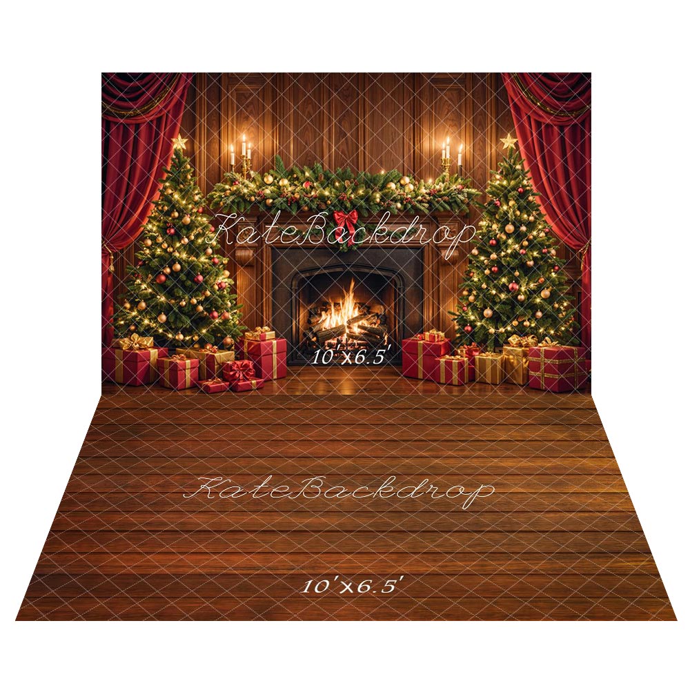 Kate Christmas Fireplace Tree Retro Backdrop+Brown Wood Texture Floor Backdrop - Kate Backdrop AU