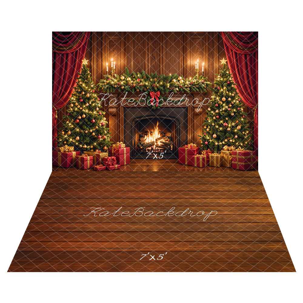 Kate Christmas Fireplace Tree Retro Backdrop+Brown Wood Texture Floor Backdrop - Kate Backdrop AU