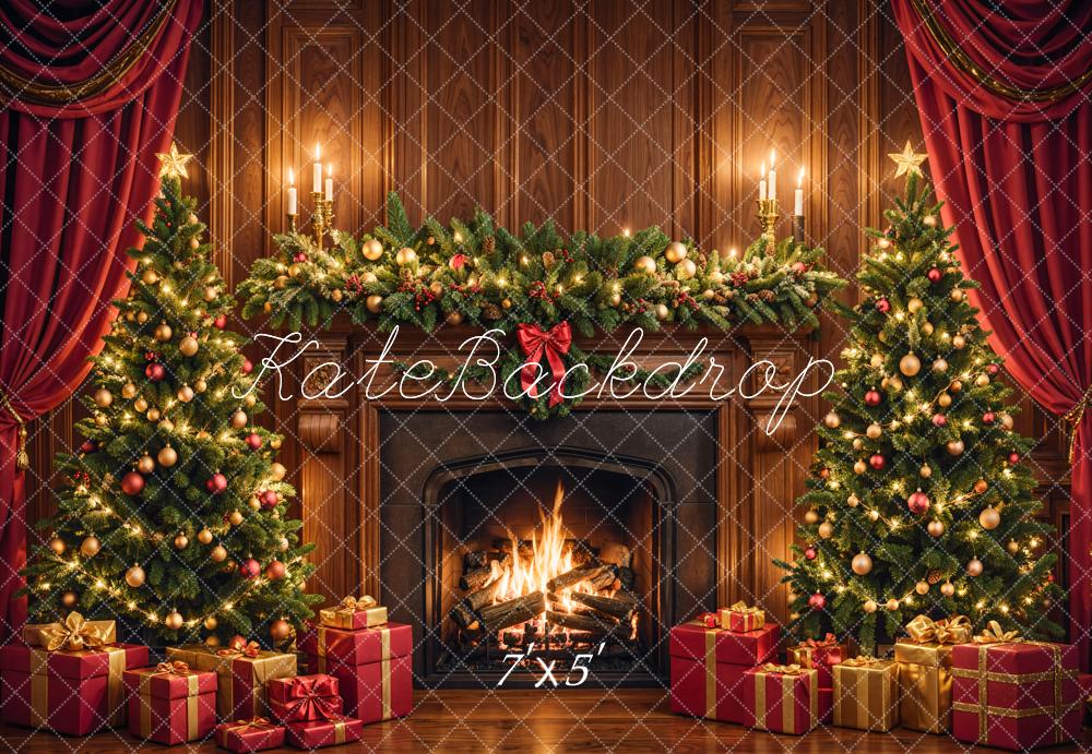 Kate Christmas Fireplace Tree Brown Backdrop Designed by Emetselch - Kate Backdrop AU