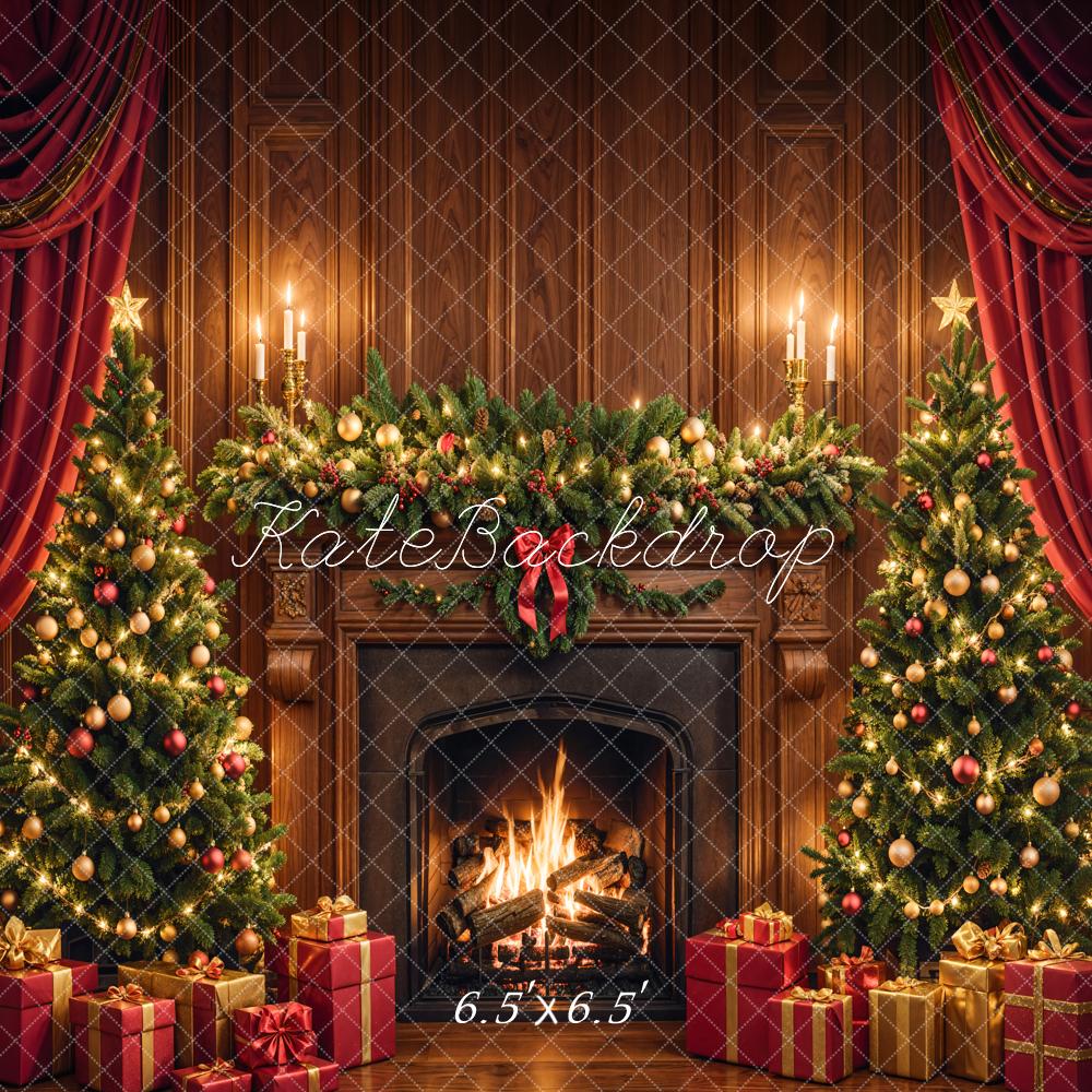 Kate Christmas Fireplace Tree Brown Backdrop Designed by Emetselch - Kate Backdrop AU