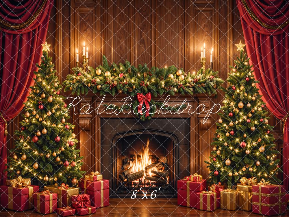 Kate Christmas Fireplace Tree Brown Backdrop Designed by Emetselch - Kate Backdrop AU