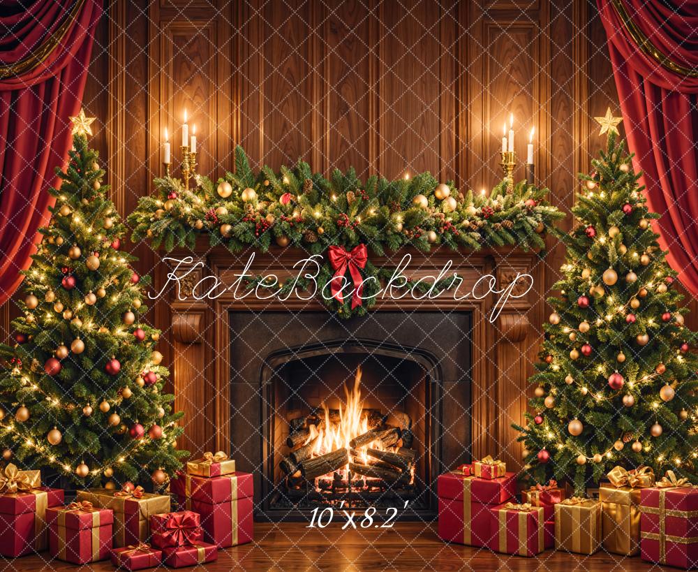 Kate Christmas Fireplace Tree Brown Backdrop Designed by Emetselch - Kate Backdrop AU